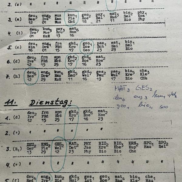 Stundenplan Montag 1982